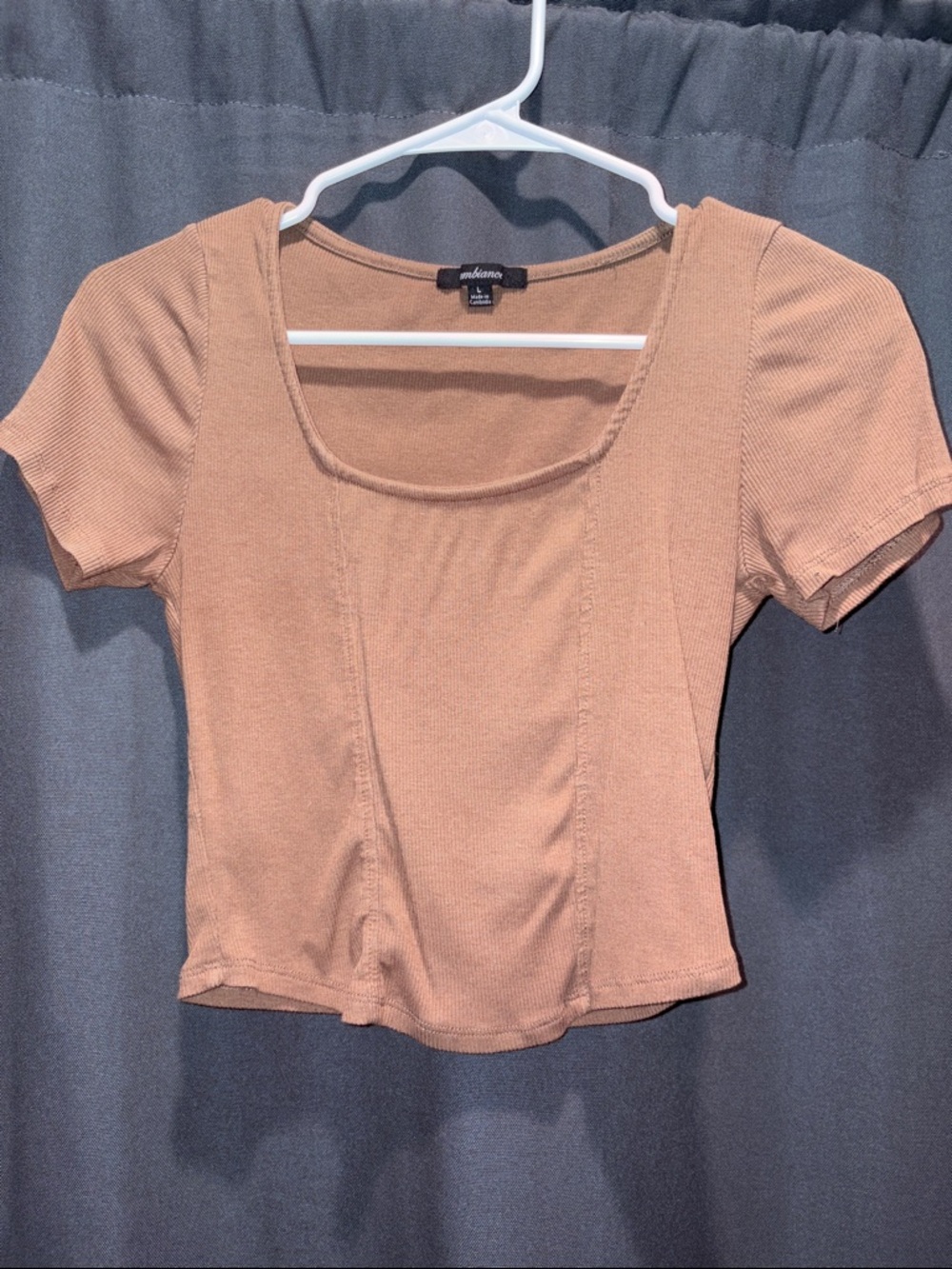 Ambiance ribbed scoop-neck camel crop top
